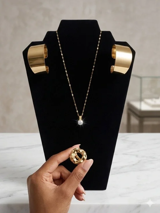 Gold Tone Necklace, earrings & Statement Ring Set - Women Jewelry - Picture 5 of 5